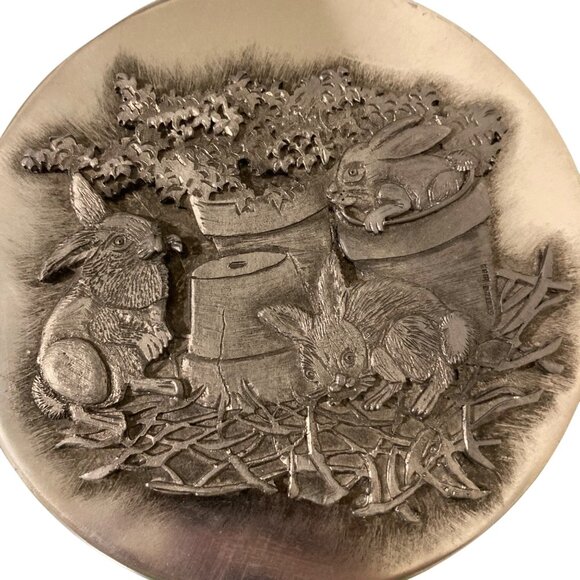 Metzke Cookie Tin Vintage Pewter Embossed Bunny Rabbits in a Garden - Picture 2 of 7